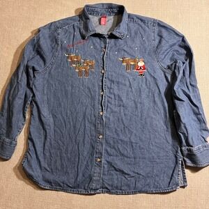 Womens‎ Large Denim Button Up Shirt Long Sleeve Christmas Moose Santa Embroidery